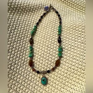 Vintage Handmade Turquoise, Precious Stone (Agate?) and Silver Necklace